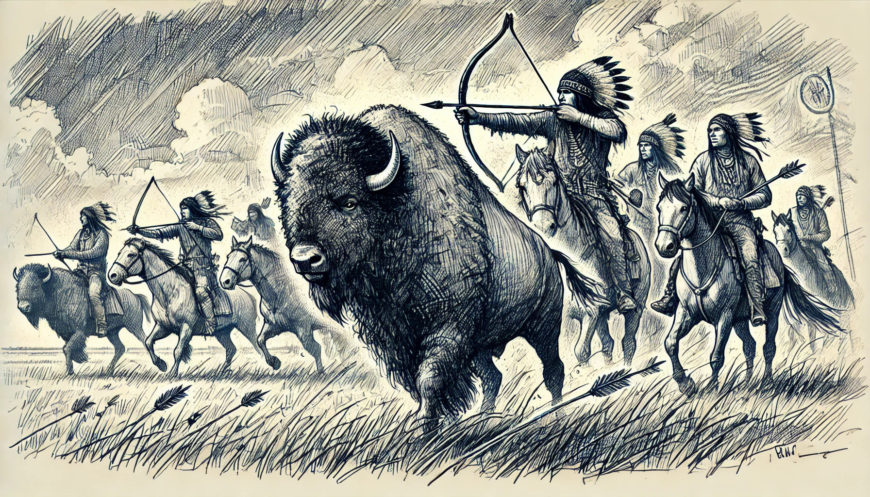 Gruppe von Indianer mit Pfeil und Bogen auf Pferden verfolgen ein Bison